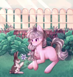 Size: 1280x1344 | Tagged: safe, artist:sketchyhowl, derpibooru import, oc, oc:sweet tune, earth pony, pony, rabbit, animal, female, flower, mare, prone, solo