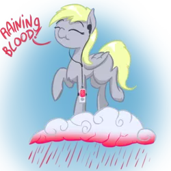 Size: 512x512 | Tagged: safe, artist:kozachokzrotom, derpibooru import, derpy hooves, pegasus, pony, abstract background, blood, cloud, dancing, eyes closed, female, headphones, ipod, lyrics, mare, missing cutie mark, music, rain, raining blood, raised hoof, slayer, solo, speech, talking, text