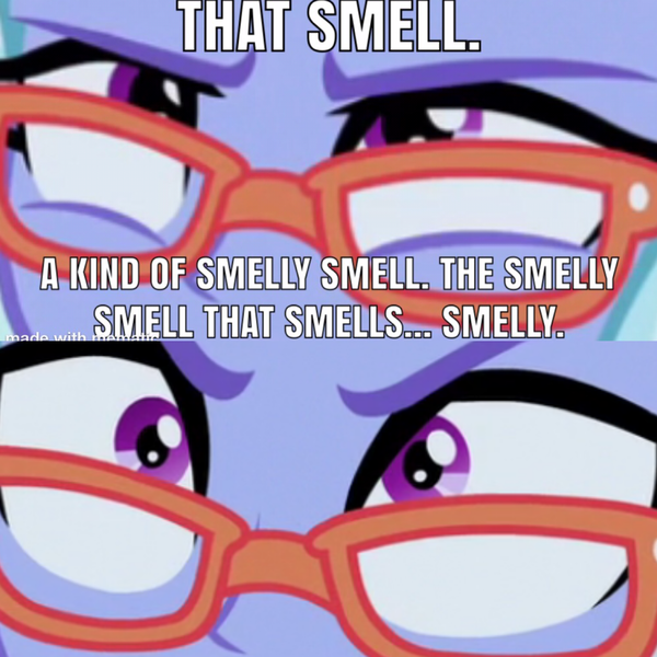 Size: 1372x1372 | Tagged: safe, derpibooru import, edit, edited screencap, screencap, sugarcoat, equestria girls, friendship games, buffy speak, caption, close-up, funny, glasses, help wanted, implied anchovies, meme, spongebob squarepants