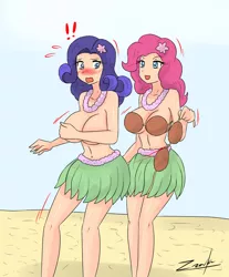 Size: 620x748 | Tagged: artist:ciriliko, assisted exposure, beach, belly button, big breasts, bikini top, blushing, breasts, busty pinkie pie, busty rarity, clothes, clothing theft, coconut, coconut bikini, commission, covered nipples, covering, covering breasts, derpibooru import, embarrassed, embarrassed nude exposure, female, flower, flower in hair, grass skirt, hawaiian flower in hair, hula, hula dance, hulapie, hularity, human, human coloration, humanized, leaf skirt, legs, lei, miniskirt, nudity, partial nudity, pinkie pie, rarity, skirt, stripping, suggestive, swimsuit, topless, undressing