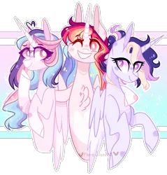 Size: 1386x1450 | Tagged: safe, artist:manella-art, derpibooru import, oc, oc:astral moonlight, oc:celestial moon, oc:sunny moonlight, unofficial characters only, alicorn, pony, female, interdimensional siblings, magical lesbian spawn, mare, offspring, parent:rainbow dash, parent:twilight sparkle, parents:twidash