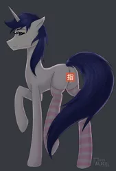 Size: 2666x3937 | Tagged: suggestive, artist:alicetriestodraw, derpibooru import, oc, oc:mysza, unofficial characters only, pony, unicorn, blue mane, censored, clothes, female, lidded eyes, looking at you, mare, night, raised hoof, rear view, simple background, socks, solo, solo female, standing