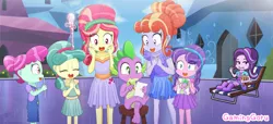 Size: 5783x2633 | Tagged: safe, artist:gaminggoru, derpibooru import, amber laurel, cherry valley, cloudy spinel, coral shores, ruby love, scarlet heart, spike, starlight glimmer, dragon, equestria girls, the crystalling, anime, boots, braided pigtails, clothes, compression shorts, crystal empire, cute, dress, eating, equestria girls interpretation, equestria girls-ified, food, hair bun, lucky bastard, miniskirt, pigtails, popcorn, scene interpretation, shoes, shorts, skirt