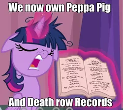 Size: 960x865 | Tagged: safe, derpibooru import, edit, edited screencap, screencap, twilight sparkle, twilight sparkle (alicorn), alicorn, pony, a trivial pursuit, book, caption, cropped, death row records, entertainment one, eone, female, floppy ears, hasbro, image macro, mare, open mouth, peppa pig, rules lawyer, solo, text, twilight snapple, twilight sparkle is best facemaker, twilighting