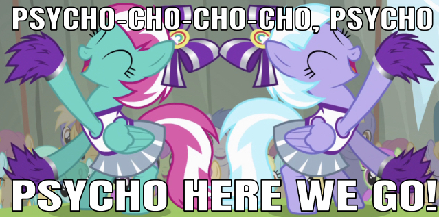 Size: 639x317 | Tagged: bow, caption, cheerleader, cheerleader outfit, cheerleading, circus for a psycho, clothes, derpibooru import, edit, edited screencap, editor:undeadponysoldier, image macro, lilac sky, pleated skirt, pom pom, rainbow falls, safe, screencap, skillet (band), skirt, song reference, spring step, sunlight spring, text