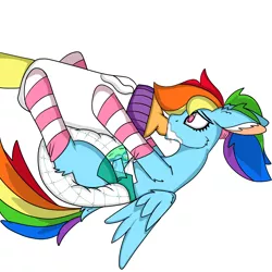 Size: 5000x5000 | Tagged: suggestive, artist:cuddlelamb, derpibooru import, rainbow dash, pony, adult foal, alternate hairstyle, baby bottle, clothes, diaper, diaper fetish, fetish, foal bottle, ponytail, poofy diaper, simple background, socks, solo, striped socks, white background