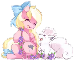 Size: 1200x1000 | Tagged: safe, artist:loyaldis, derpibooru import, oc, oc:bay breeze, unofficial characters only, pegasus, pony, vulpix, alola form, alolan vulpix, bow, crossover, cute, daaaaaaaaaaaw, eyes closed, female, flower, hair bow, mare, open mouth, pokémon, shiny pokémon, simple background, sitting, tail bow, transparent background