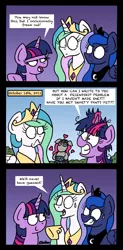 Size: 1300x2632 | Tagged: safe, artist:bobthedalek, derpibooru import, princess celestia, princess luna, smarty pants, twilight sparkle, twilight sparkle (alicorn), alicorn, pony, unicorn, lesson zero, the summer sun setback, captain obvious, comic, dialogue, heart, magic, messy mane, speech bubble, sweat, truth revealed, twilight snapple, twilynanas, unicorn twilight