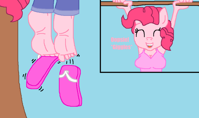 Size: 919x544 | Tagged: anthro, artist:logan jones, barefoot, breasts, clothes, cute, dangling, derpibooru import, feet, female, fetish, flip-flops, foot fetish, foot focus, giggling, hanging, jeans, pants, pinkie pie, safe, sandal removed, soles, toes, tree, tree branch