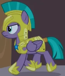 Size: 700x823 | Tagged: safe, derpibooru import, screencap, queen chrysalis, vanguard cover, pegasus, pony, the summer sun setback, armor, cropped, determined, disguise, disguised changeling, female, frown, guardsmare, mare, royal guard, royal guard armor, solo, tail wrap, walking