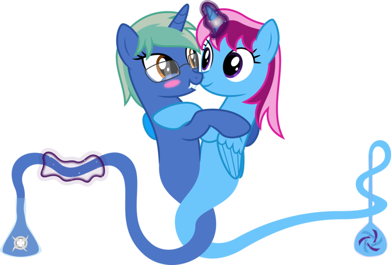 Size: 9468x6400 | Tagged: safe, artist:parclytaxel, derpibooru import, oc, oc:nova spark, oc:parcly taxel, unofficial characters only, alicorn, genie, genie pony, monster pony, original species, pony, tatzlpony, unicorn, ain't never had friends like us, albumin flask, .svg available, absurd resolution, alicorn oc, blushing, bottle, fangs, female, geniefied, horn, horn ring, hug, magic, mare, monster mare, ring, rubbing, simple background, smiling, transparent background, vector, wings