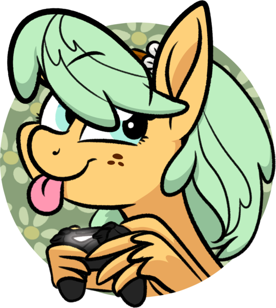 Size: 1785x1986 | Tagged: safe, artist:binkyt11, derpibooru import, part of a set, oc, oc:daphne, pegasus, pony, :p, abstract background, circle background, controller, cutie mark background, female, flower, flower in hair, freckles, headband, icon, mare, playstation, tongue out, wing hands, wings