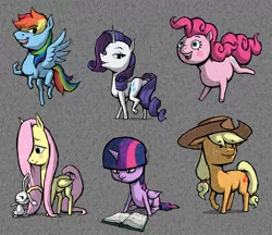 Size: 1500x1293 | Tagged: safe, artist:dalapony, derpibooru import, angel bunny, applejack, fluttershy, pinkie pie, rainbow dash, rarity, twilight sparkle, twilight sparkle (alicorn), alicorn, earth pony, pegasus, pony, unicorn, book, caricature, eye clipping through hair, female, gray background, mane six, mare, simple background, style emulation, the legend of zelda, the legend of zelda: the wind waker