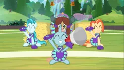 Size: 1667x939 | Tagged: 2 4 6 greaaat, cheerleader ocellus, cheerleader outfit, cheerleader yona, clothes, cropped, derpibooru import, eyes closed, hay bale, lighthoof, megaphone, ocellus, safe, screencap, shimmy shake, smiling, yona