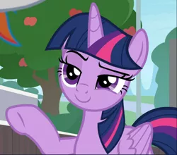 Size: 1070x940 | Tagged: safe, derpibooru import, screencap, twilight sparkle, twilight sparkle (alicorn), alicorn, pony, 2 4 6 greaaat, cropped, raised eyebrow, raised hoof, smiling, smirk, smuglight sparkle, solo