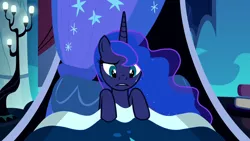 Size: 1280x720 | Tagged: safe, derpibooru import, edit, edited screencap, editor:slayerbvc, screencap, princess luna, alicorn, pony, do princesses dream of magic sheep, accessory-less edit, barehoof, bed, female, luna's room, mare, missing accessory, solo, sweat