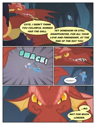 Size: 612x792 | Tagged: safe, artist:newbiespud, derpibooru import, edit, edited screencap, screencap, dragon, pegasus, pony, comic:friendship is dragons, dragonshy, angry, comic, dialogue, female, fight, flying, kicking, male, mare, onomatopoeia, screencap comic, sharp teeth, slit eyes, teeth