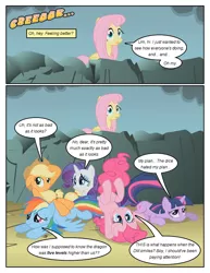 Size: 612x792 | Tagged: safe, artist:newbiespud, derpibooru import, edit, edited screencap, screencap, applejack, fluttershy, pinkie pie, rainbow dash, rarity, twilight sparkle, earth pony, pegasus, pony, unicorn, comic:friendship is dragons, dragonshy, cliff, comic, dialogue, female, freckles, hat, looking down, mane six, mare, onomatopoeia, screencap comic, unicorn twilight, upside down