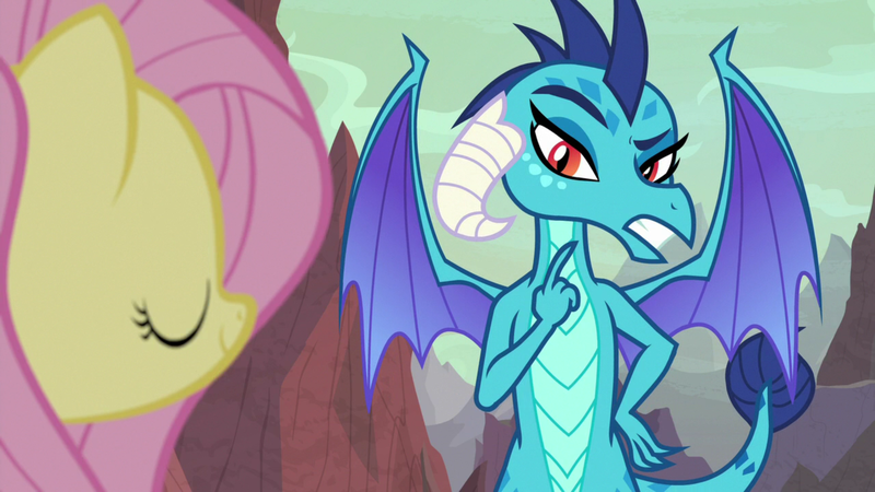 Size: 1920x1080 | Tagged: safe, derpibooru import, screencap, fluttershy, princess ember, dragon, pony, sweet and smoky, dragoness, female, mare, pointing, pointing at self, solo focus