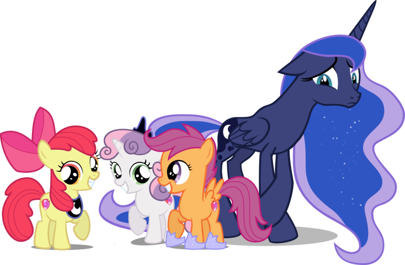 Size: 5975x3910 | Tagged: safe, artist:emper24, artist:fallingcomets, artist:loaded--dice, artist:myrami, derpibooru import, edit, edited edit, editor:slayerbvc, vector edit, apple bloom, princess luna, scootaloo, sweetie belle, alicorn, earth pony, pegasus, pony, unicorn, accessory swap, accessory-less edit, barehoof, bow, crossed hooves, crossed legs, crown, cutie mark, cutie mark crusaders, embarrassed, female, filly, floppy ears, frown, grin, hair bow, hoof shoes, jewelry, looking at you, luna's crown, mare, missing accessory, peytral, raised hoof, regalia, simple background, smiling, the cmc's cutie marks, transparent background, vector