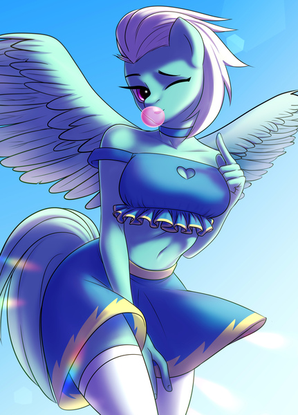 Size: 4093x5700 | Tagged: anthro, artist:rednuuut, boob window, bubblegum, choker, clothes, cute, derpibooru import, fleetfoot, food, gum, midriff, miniskirt, one eye closed, safe, skirt, skirt pull, socks, solo, stockings, thigh highs, wink