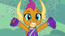 Size: 1920x1080 | Tagged: 2 4 6 greaaat, cheerleader outfit, cheerleader smolder, claws, clothes, confetti, cute, derpibooru import, dragon, dragoness, fangs, female, grin, hnnng, horns, pom pom, safe, screencap, slit eyes, smiling, smolder, smolderbetes, solo, toothy grin, when she smiles