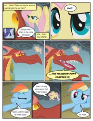 Size: 612x792 | Tagged: safe, artist:newbiespud, derpibooru import, edit, edited screencap, screencap, fluttershy, rainbow dash, rarity, dragon, pegasus, pony, unicorn, comic:friendship is dragons, dragonshy, comic, dialogue, eyes closed, female, flying, male, mare, screencap comic, sharp teeth, slit eyes, smoke, stare, teeth, the stare