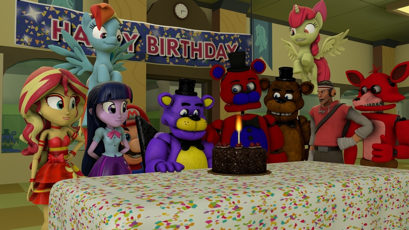 Size: 4675x2630 | Tagged: safe, artist:fazbearsparkle, derpibooru import, apple bloom, rainbow dash, sunset shimmer, twilight sparkle, oc, alicorn, equestria girls, 3d, alicorn oc, alicornified, birthday, birthday cake, bloomicorn, cake, candle, canterlot high, clothes, crossover, dress, evil oc, fall formal outfits, five nights at freddy's, five nights at freddy's 2, five nights at freddy's 4, fnaf 2, fnaf 4, food, foxy, freddy fazbear, happy birthday, horn, mario, nightmare freddy, non-mlp oc, non-pony oc, race swap, scout, source filmmaker, super mario bros., team fortress 2, wings