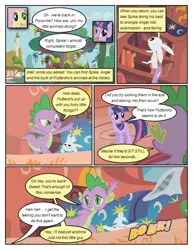 Size: 612x792 | Tagged: safe, artist:newbiespud, derpibooru import, edit, edited screencap, screencap, angel bunny, carrot top, fluttershy, golden harvest, spike, twilight sparkle, dragon, pony, rabbit, unicorn, comic:friendship is dragons, dragonshy, animal, bed, book, bookcase, comic, dialogue, female, looking down, looking up, male, mare, onomatopoeia, screencap comic, slit eyes, unicorn twilight