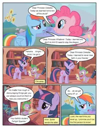 Size: 612x792 | Tagged: safe, artist:newbiespud, derpibooru import, edit, edited screencap, screencap, pinkie pie, rainbow dash, spike, twilight sparkle, dragon, pegasus, pony, unicorn, comic:friendship is dragons, book, bookcase, comic, dialogue, female, flower, golden oaks library, male, mare, quill, raised hoof, screencap comic, scroll, unicorn twilight