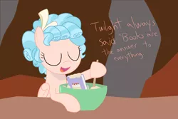 Size: 2400x1600 | Tagged: safe, artist:mightyshockwave, derpibooru import, cozy glow, pony, the summer sun setback, baking, batter, book, bowl, cake batter, evil lair, female, filly, food, grogar's lair, lair, literal, mixing bowl