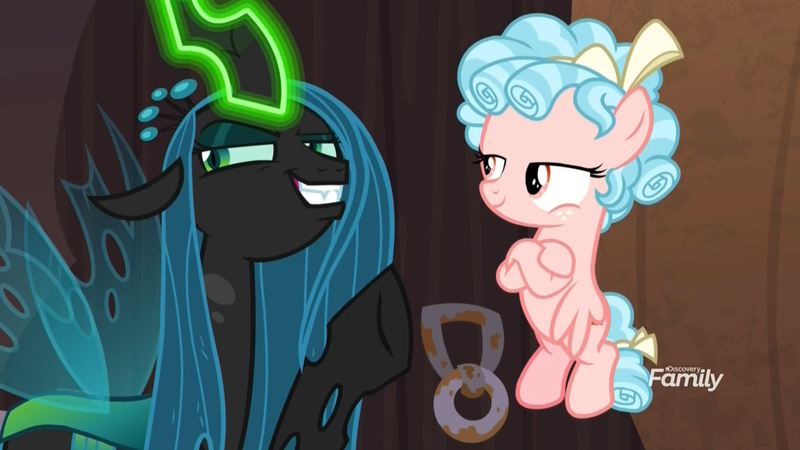 Size: 1920x1080 | Tagged: safe, derpibooru import, screencap, cozy glow, queen chrysalis, changeling, pegasus, pony, the summer sun setback, crossed hooves, discovery family logo, evil grin, female, filly, flying, glowing horn, grin, horn, lidded eyes, sideways glance, smiling