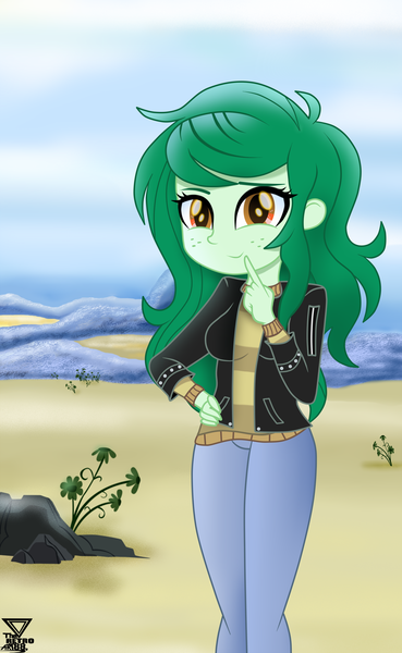 Size: 1500x2442 | Tagged: safe, artist:theretroart88, derpibooru import, wallflower blush, equestria girls, equestria girls series, beach, clothes, cute, female, flowerbetes, jacket, leather jacket, looking at you, messy hair, ocean, plants, rock, sand, sky, smiling, smiling at you, water