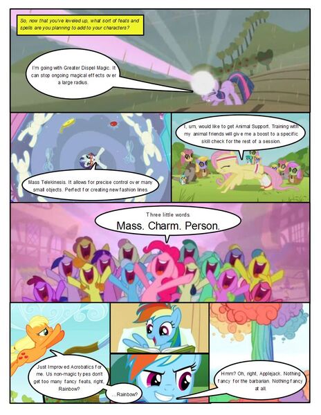 Size: 816x1056 | Tagged: safe, artist:lyntermas, artist:newbiespud, derpibooru import, edit, edited screencap, screencap, applejack, berry punch, berryshine, carrot top, fluttershy, golden harvest, pinkie pie, rainbow dash, rarity, twilight sparkle, earth pony, pegasus, pony, squirrel, unicorn, comic:friendship is dragons, background pony, background pony audience, blast, book, collaboration, comic, dialogue, explosion, eyes closed, female, glasses, glowing horn, grin, horn, jumping, looking up, magic, magic beam, magic blast, mane six, mannequin, mare, mask, measuring tape, pillow, scissors, screencap comic, smiling, telekinesis, unicorn twilight