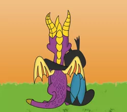 Size: 3380x3000 | Tagged: artist:rainbowbacon, changeling, changeling oc, derpibooru import, dragon, interspecies love, oc, oc:steel crescent, requested art, safe, shipping, spyro the dragon, sunset