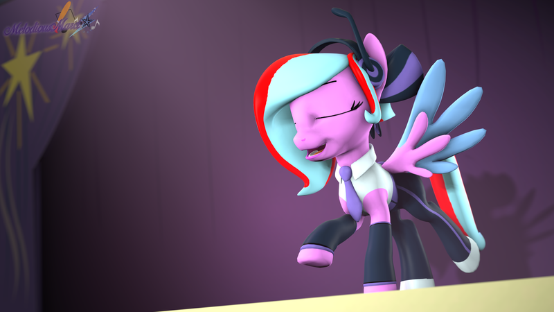 Size: 3840x2160 | Tagged: safe, artist:melodiousmarci, derpibooru import, oc, oc:star beats, pegasus, pony, 3d, bow, clothes, cosplay, costume, headset, singing, source filmmaker, stage, vocaloid