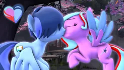 Size: 3840x2160 | Tagged: safe, artist:melodiousmarci, derpibooru import, oc, oc:rainy visualz, oc:star beats, pegasus, pony, 3d, female, flying, heart, kissing, male, oc x oc, sfm pony, shipping, source filmmaker, staryvisi, straight