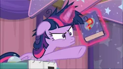 Size: 1670x940 | Tagged: safe, derpibooru import, screencap, twilight sparkle, twilight sparkle (alicorn), alicorn, pony, a trivial pursuit, book, cropped, floppy ears, levitation, magic, pointing, solo, telekinesis, twilight snapple