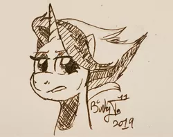 Size: 2197x1744 | Tagged: safe, artist:binkyt11, derpibooru import, fire flare, pony, unicorn, the summer sun setback, female, mare, monochrome, solo, traditional art