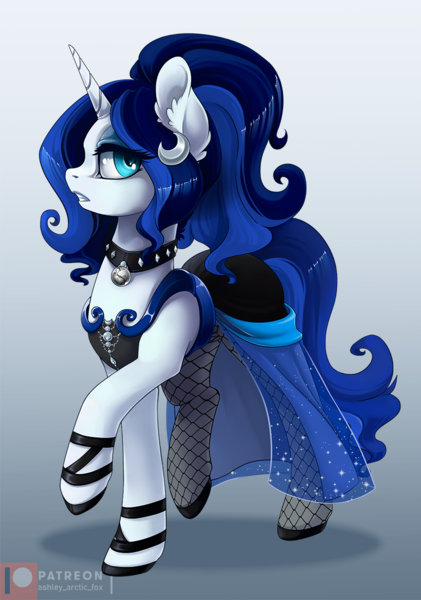 Size: 842x1200 | Tagged: safe, artist:arctic-fox, derpibooru import, oc, unofficial characters only, pony, unicorn, clothes, collar, dress, ear piercing, earring, female, jewelry, looking at you, makeup, mare, necklace, open mouth, patreon, patreon logo, piercing, raised hoof, see-through, simple background, socks, solo, stockings, teeth, thigh highs