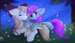 Size: 1920x1120 | Tagged: safe, artist:lunar froxy, derpibooru import, oc, oc:moonlightbliss, unofficial characters only, pegasus, pony, unicorn, boop, bow, eye clipping through hair, female, flower, grass, hair bow, mare, night, night sky, noseboop, scrunchy face, sky, smiling