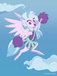 Size: 580x768 | Tagged: safe, artist:tim-kangaroo, derpibooru import, silverstream, hippogriff, pony, 2 4 6 greaaat, cheering, cheerleader, cheerleader silverstream, clothes, cloud, cute, diastreamies, female, flying, in the air, lineless, looking at you, no pupils, pointy ponies, pom pom, simple background, skirt, sky background, smiling, solo, spread wings, wide eyes, wings