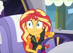 Size: 1495x1080 | Tagged: safe, derpibooru import, screencap, randolph, sunset shimmer, driving miss shimmer, equestria girls, equestria girls series, cropped, driving miss shimmer: rarity, female, geode of empathy, limousine, magical geodes, offscreen character, seatbelt, shrunken pupils, steering wheel, wavy mouth, wide eyes
