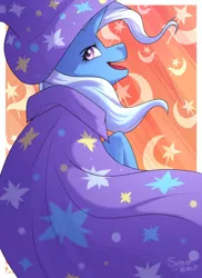 Size: 1230x1690 | Tagged: safe, artist:silentwolf-oficial, derpibooru import, trixie, pony, unicorn, cape, clothes, cutie mark background, female, hat, looking back, mare, rear view, signature, solo, trixie's cape, trixie's hat