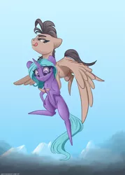 Size: 2500x3500 | Tagged: safe, artist:skitsniga, derpibooru import, oc, oc:eleane tih, oc:mayata, unofficial characters only, pegasus, pony, unicorn, chibi, cloud, cute, female, horn, love, mare, raised hoof, shipping, wings