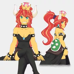 Size: 1791x1791 | Tagged: safe, artist:dragonemperror2810, derpibooru import, sunset shimmer, human, equestria girls, bowsette, breasts, clothes, cosplay, costume, crossed legs, crossover, female, looking at you, new super mario bros. u deluxe, simple background, sitting, smiling, solo, super crown, super mario bros., video game crossover, white background