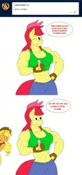 Size: 1280x2704 | Tagged: safe, artist:matchstickman, derpibooru import, apple bloom, applejack, anthro, earth pony, tumblr:where the apple blossoms, ..., abs, apple, apple brawn, banana, biceps, breasts, busty apple bloom, clothes, comic, deltoids, dialogue, eating, female, fingerless gloves, food, gloves, jeans, looking at you, mare, matchstickman's apple brawn series, midriff, muscles, muscular female, older, older apple bloom, one eye closed, pants, pecs, simple background, sports bra, sweat, sweatdrop, talking to viewer, that pony sure does love apples, triceps, tumblr comic, white background, wink