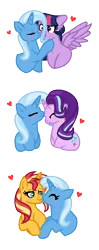 Size: 376x954 | Tagged: safe, artist:darbypop1, derpibooru import, starlight glimmer, sunset shimmer, trixie, twilight sparkle, twilight sparkle (alicorn), alicorn, pony, unicorn, blushing, female, heart, lesbian, mare, shipping, simple background, startrix, suntrix, transparent background, trixie gets all the mares, twixie