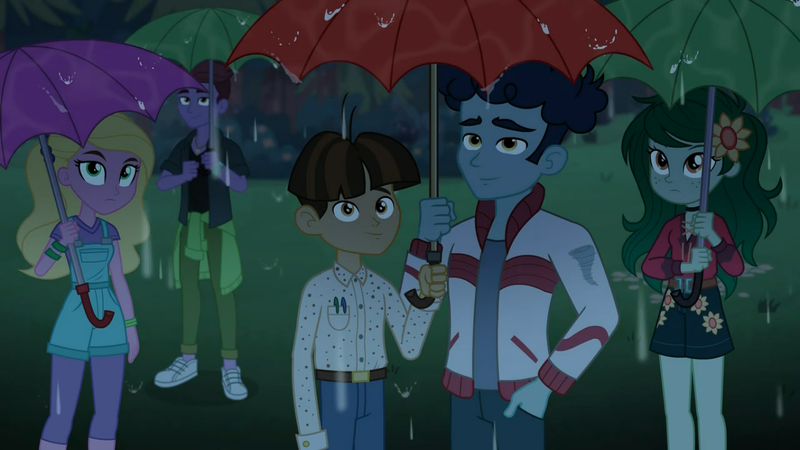 Size: 1366x768 | Tagged: safe, derpibooru import, screencap, curly winds, duke suave, some blue guy, wallflower blush, wiz kid, equestria girls, equestria girls series, let it rain, spoiler:eqg series (season 2), background human, care root, rain, umbrella