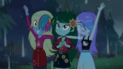 Size: 1366x768 | Tagged: safe, derpibooru import, screencap, derpy hooves, snow flower, wallflower blush, equestria girls, equestria girls series, let it rain, spoiler:eqg series (season 2), clothes, cute, female, flowerbetes, midriff, music festival outfit, rain, sleeveless, tanktop, trio, trio female, wet hair